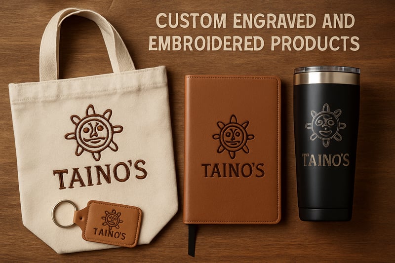 Custom engraved and embroidered products by Taino's Custom engraved and embroidered products by Taino's