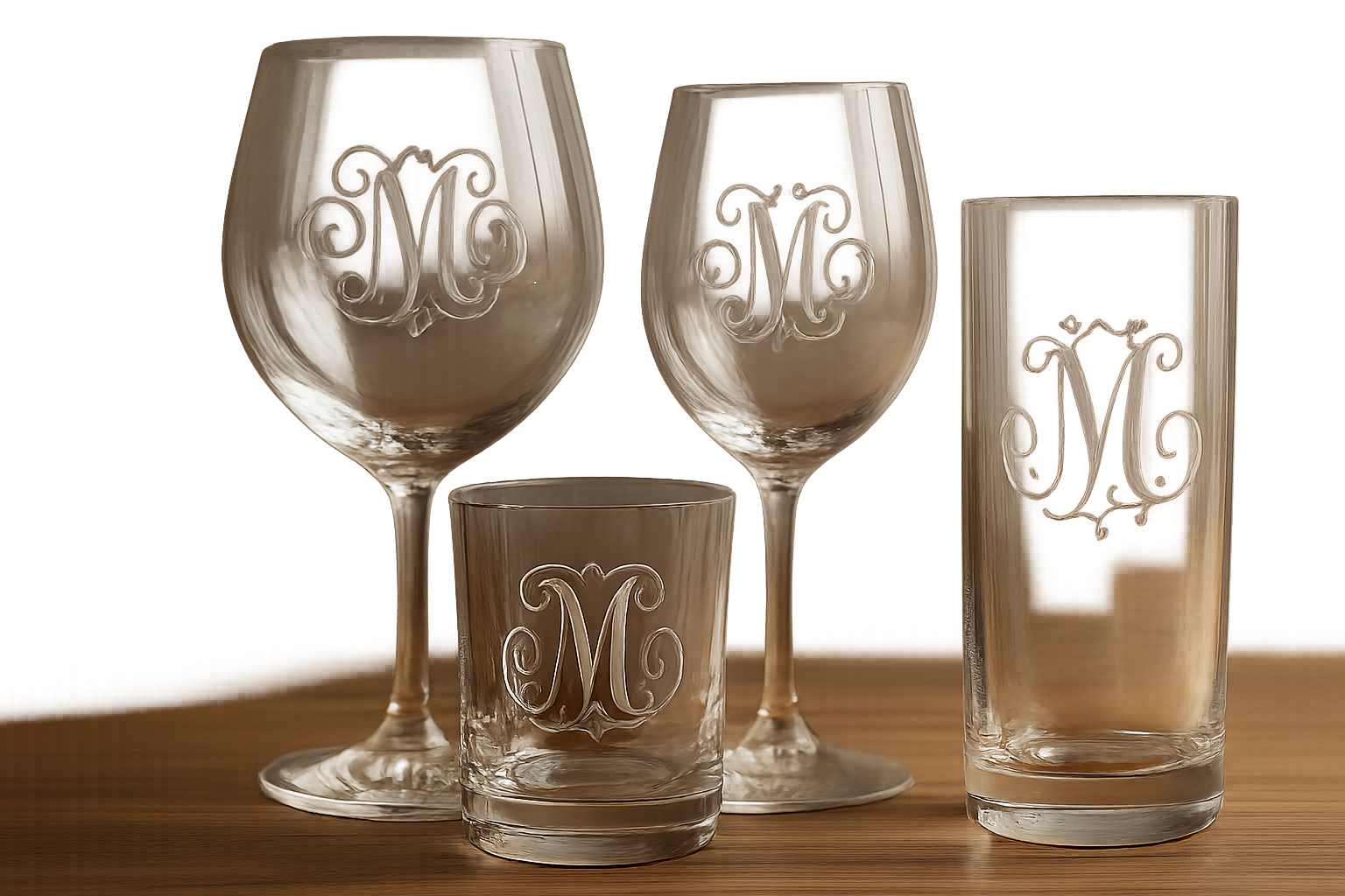 Engraved glassware set featuring elegant monograms