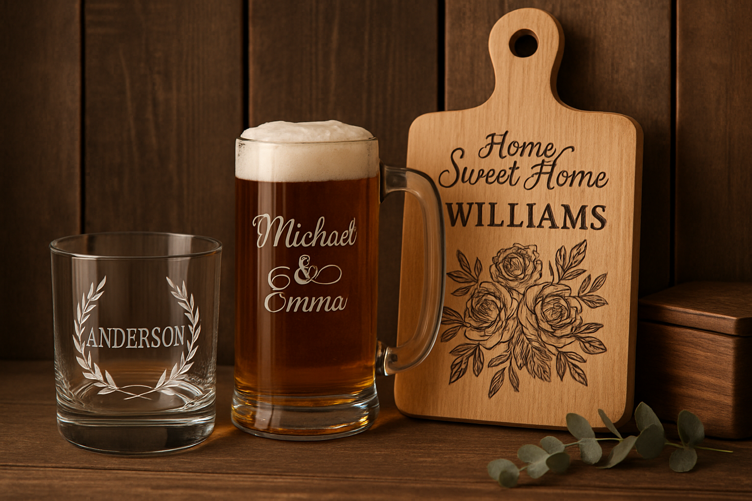Custom engraved glassware and wooden decor